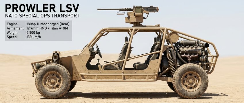 Prowler LSV, a NATO Special Operations Light Strike Vehicle, equipped with a 12.7mm HMG, in a vast desert landscape under clear skies.