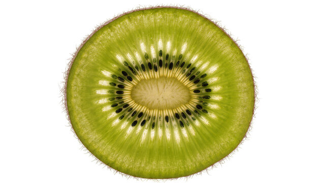 Close-up of a vibrant green kiwi slice with black seeds, isolated on transparent background