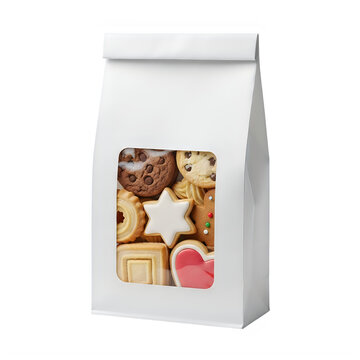 Assorted cookies in a white paper bag isolated on transparent background