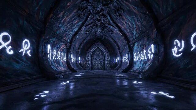 A mystical stone corridor with glowing symbols leading to a grand door