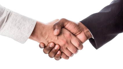 Two diverse hands shaking firmly one in a grey shirt the other in a black suit, isolated on transparent background © Elena