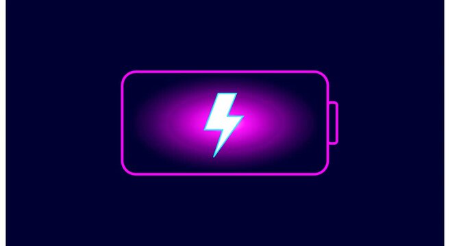 Neon battery charging animation with glowing lightning bolt symbol animation