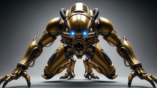 Aggressive golden mechanical robot creature