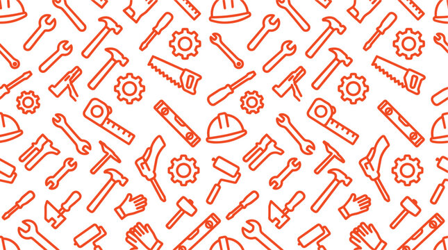 Labour Day Construction Worker Tools Seamless Pattern White Orange Red Outline Icons Vector Background Illustration