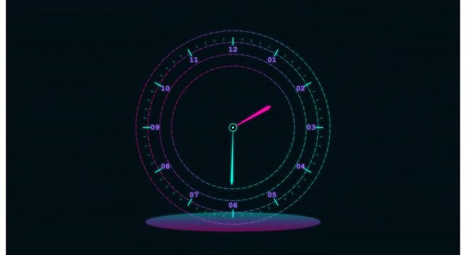 Neon digital clock interface hud animation for futuristic time tracking animation