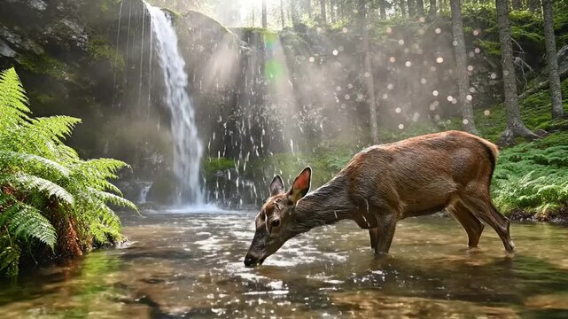 Wild deer drinking from a pristine forest stream beneath a cascading waterfall surrounded by lush green ferns and ancient trees