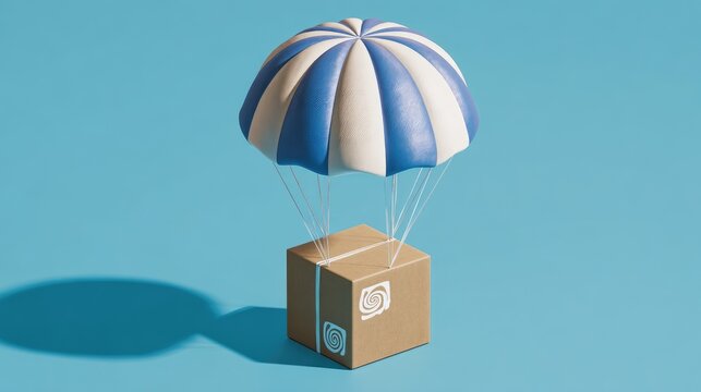 A cardboard box descends under a blue and white striped parachute against a blue backdrop