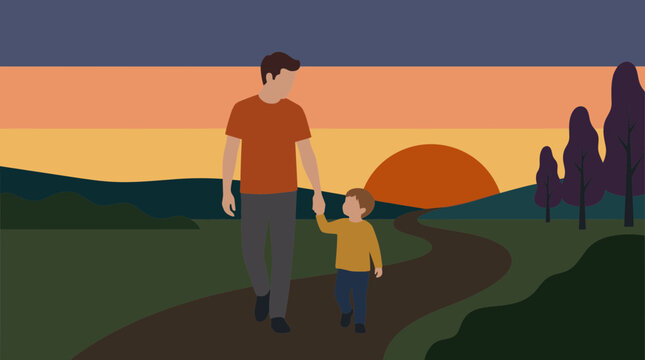 Father and son walking on a path at sunset with rolling hills and trees