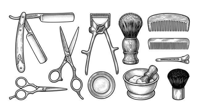 Vintage Barber Tools Collection Including Straight Razor Scissors Comb Brush and Clippers
