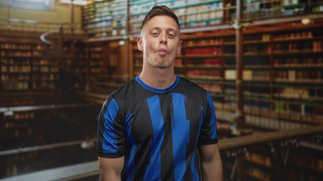 Young man in blue soccer jersey smiling with puckered lips and slight head tilt in a building; playful confidence.