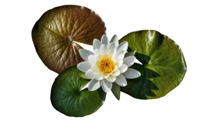 Fotobehang Rustgevend White water lily flower with yellow center and green lily pads, isolated on transparent background  © Elena