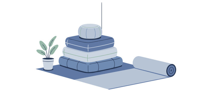Meditation setup with stacked cushions yoga mat and potted plant in calming blue tones