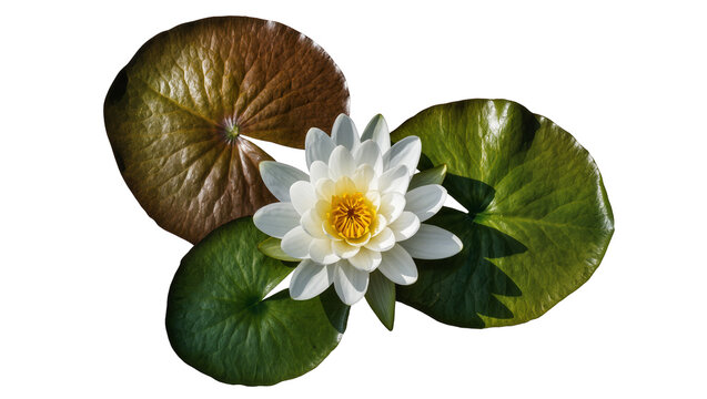 White water lily flower with yellow center and green lily pads, isolated on transparent background