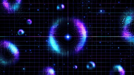 Obraz premium Cosmic Singularity and Gravity Well Concept with Glowing Neon Grid and Blue Star Burst Space Illustration