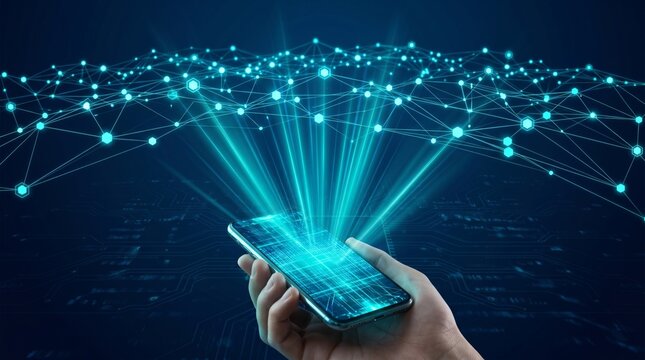Hand holding mobile smartphone projecting glowing digital cloud network connection technology grid