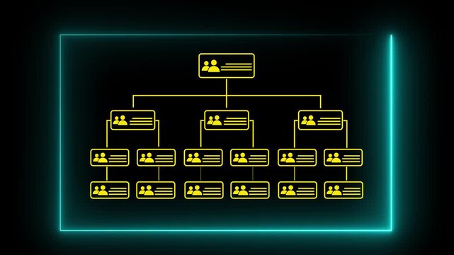 neon Business workflow process management concept. Businessman neon line workflow automation system with data diagram of hierarchical structure departments in business organization. 4k motion video