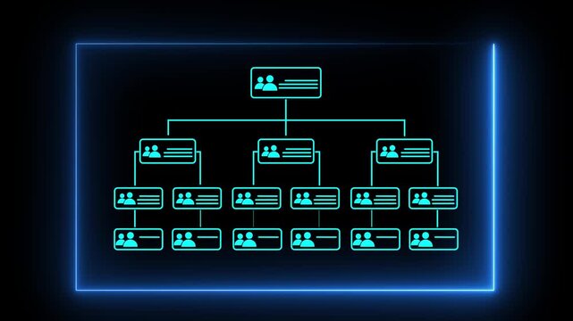 neon Business workflow process management concept. Businessman neon line workflow automation system with data diagram of hierarchical structure departments in business organization. 4k motion video