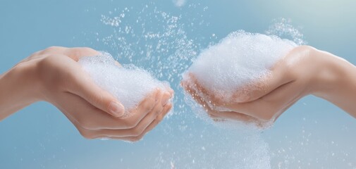 Fototapeta premium The Foam in Hands with Sparkling Water Splash and Clean Hygiene Concept