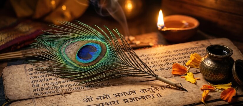 Peacock Feather Quill On Ancient Sanskrit Scripture