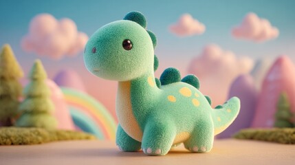 Fototapeta premium Adorable green dinosaur plush toy featuring blue spikes and yellow spots, placed in a vibrant landscape with hills, clouds, and a rainbow backdrop