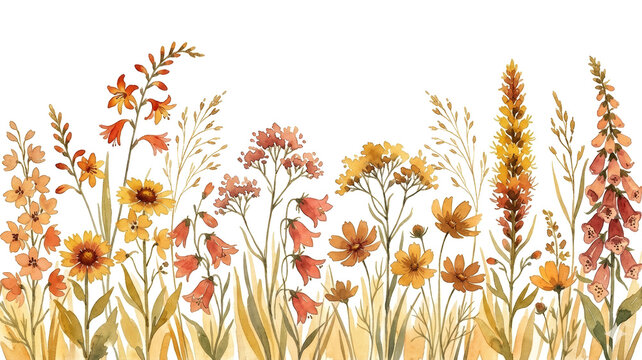 Artistic Botanical Illustration Depicting a Lively Collection of Warm-Toned Wildflowers and Foliage in a Light Airy Watercolor Style