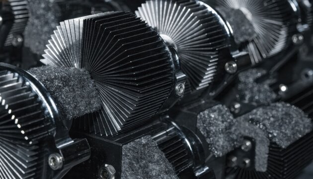 Macro perspective on black anodized heatsinks with visible thermal pads emphasizing surface texture and engineered fin structure in broadcast amplifier cooling systems.