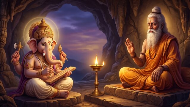 Veda Vyasa Dictating Mahabharata To Lord Ganesha
