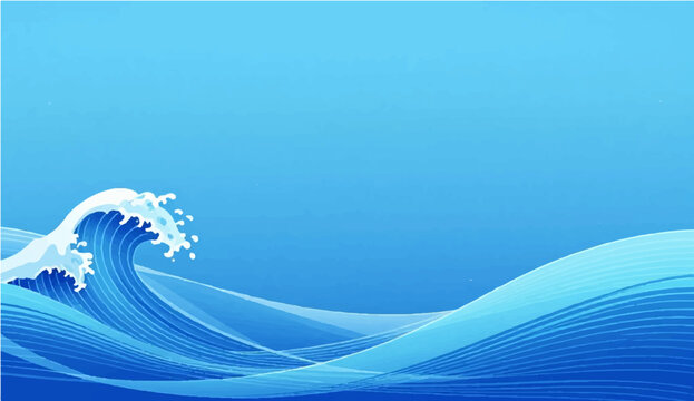 A dynamic wave graphic in shades of blue, depicting the power and motion of the ocean with flowing lines and a cresting wave.