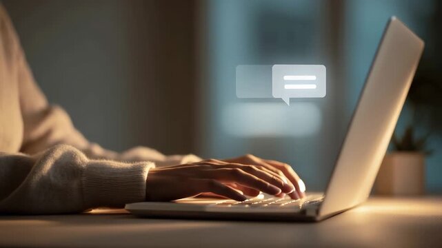 Hands are shown typing on a laptop in low light. The focus is on sending messages and learning at night. A glowing chat bubble appears.