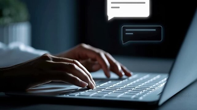 Hands are shown typing on a laptop keyboard at night while chat messages appear on the screen, highlighting online conversation.