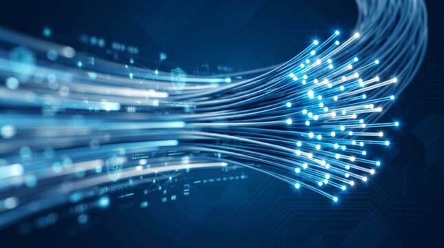 Fiber optic cables transmitting high speed data through secure network with abstract shield icons
