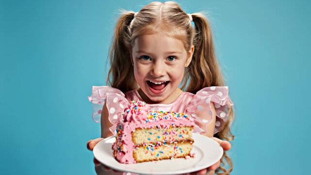 happy caucasian little girl holding plate with slice of pink birthday cake with sprinkles against blue background. childhood celebration, sweet food, party invitation, greeting card design.