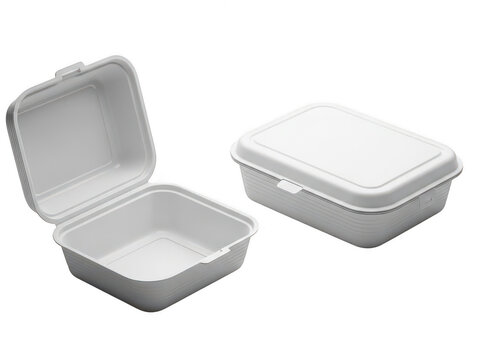 Two styrofoam containers, one open and one closed isolated on white background