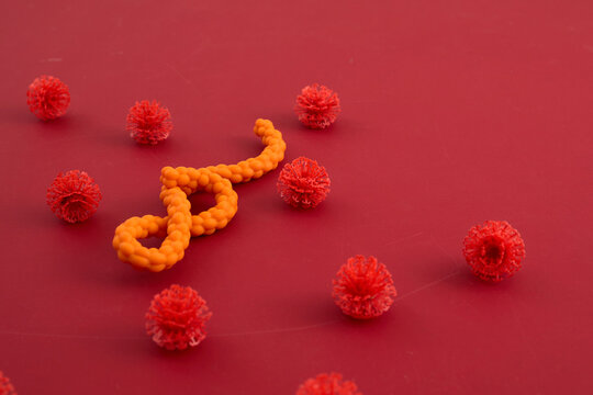 Ebola virus model surrounded by replicating coronavirus particles