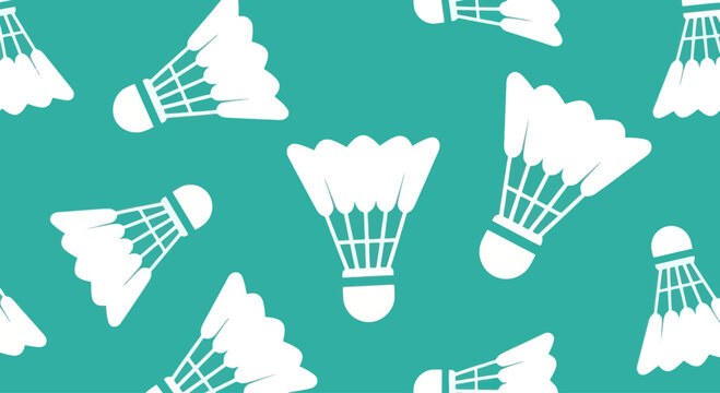Seamless pattern of white badminton shuttlecocks on a teal background, flat design.