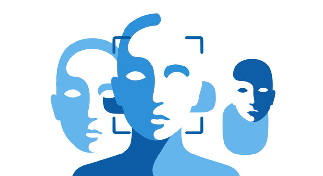 Facial Recognition Technology Concept - Blue Faces with Scanner Overlay