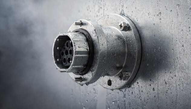 Medium shot of bulkhead heavyduty connector mounted on a metallic panel demonstrating secure and reliable electrical connections in corrosive wet environments.