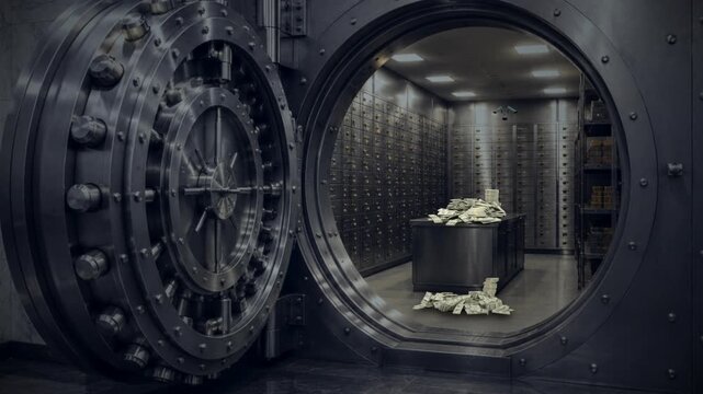 Animated money in open bank vault