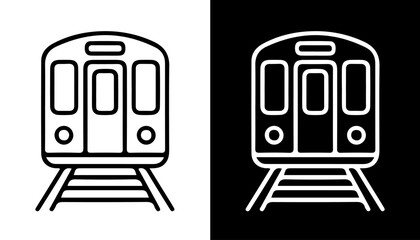 Train Icons: Simple line art illustrations of a train on railway tracks, presented in both black and white versions, perfect for representing public transport or travel concepts. © iconstore