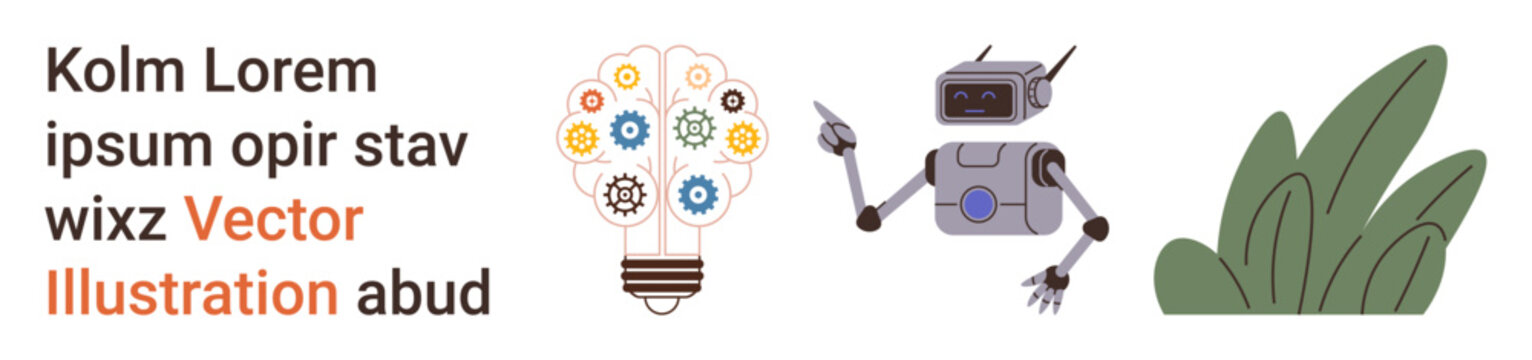Innovation, education, automation, environment, creativity, AI technology. Light bulb with gears, robot pointing and foliage. Innovation and education concepts illustrated by technology