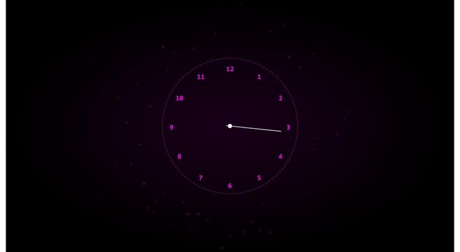 Minimalist digital clock animation with rotating hands on dark animation background