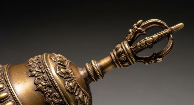 Close-up of an ornate Tibetan ghanta bell with vajra handle, symbolizing spiritual practice