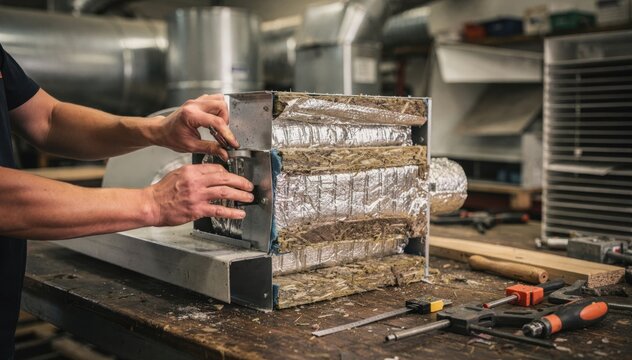 Medium shot of insulated damper manufacturing emphasizing thermal protection layers and handcrafting details in a specialized residential HVAC workshop environment.