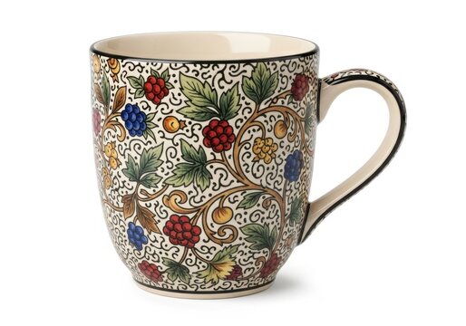 Floral teacup with roses and leaves design on white background