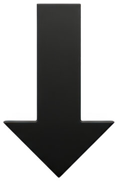 Sleek matte black direction arrow pointing downward to indicate a decrease isolated transparent background image