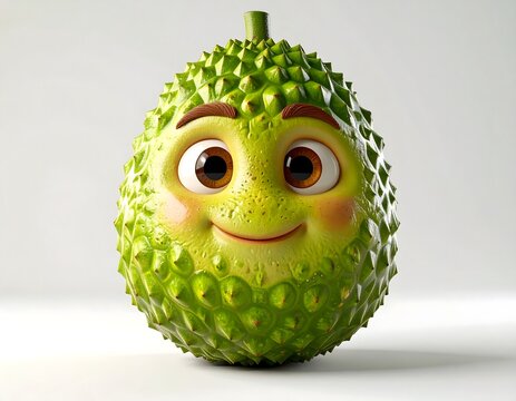 Cute Soursop fruit Cartoon Character with Big Eyes and Smile, Vibrant 3D Render Digital Art, Fantasy Tropical Mascot, Playful AI Generated Illustration