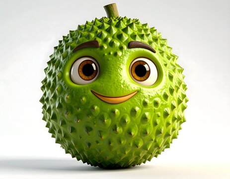 Cute Soursop fruit Cartoon Character with Big Eyes and Smile, Vibrant 3D Render Digital Art, Fantasy Tropical Mascot, Playful AI Generated Illustration