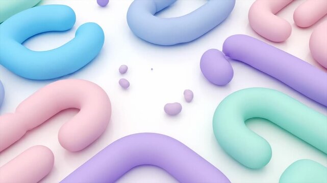A vibrant abstract composition featuring smooth, rounded shapes in pastel colors like pink, blue, purple, and green. The forms are scattered