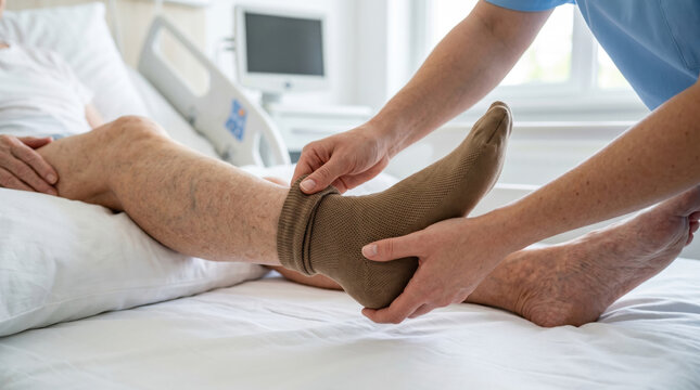 Nurse putting on compression sock for patient in hospital bed  