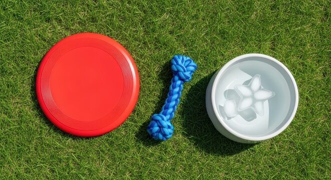 Dog toys on green grass field.